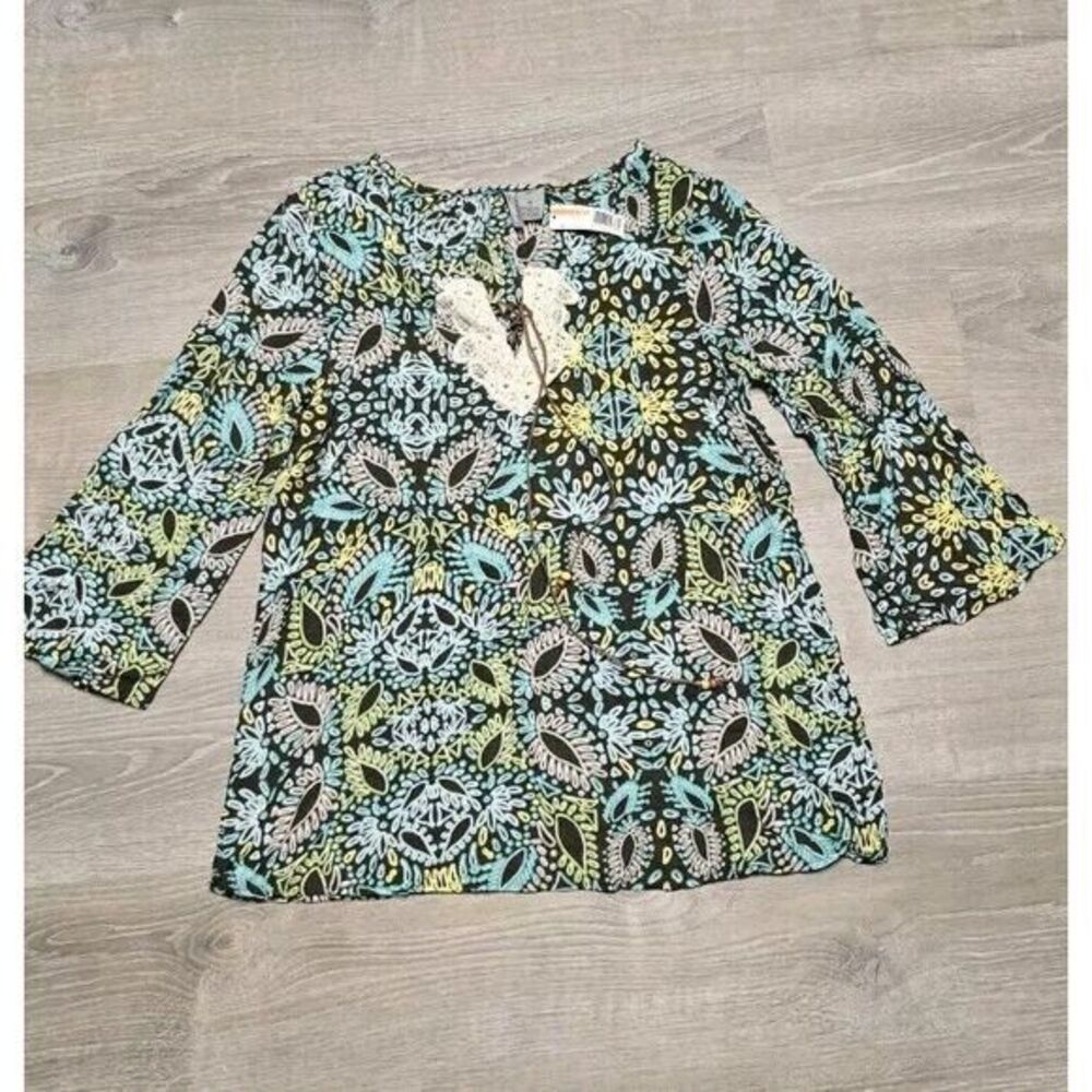 New Directions Weekend Women's Tunic Blue Yellow Floral Print Size Small